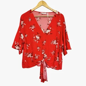 LUQ| Women Red Front Knot Short Sleeve Blouse Floral V-Neck Size M - Foto 1 di 4