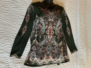 Susan Graver Artisan Top Womens Medium Beaded Tunic Green Floral - Picture 1 of 9