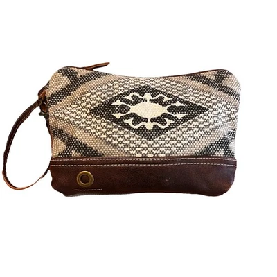 Myra Bag Aztec Canvas Leather Wristlet Makeup Pouch Blue Tan Zip Closure - Image 1 of 4