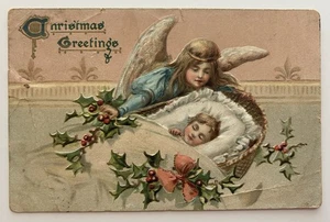 Antique Tuck’s Christmas Postcard Angel with Sleeping Child Embossed 1900s - Picture 1 of 2