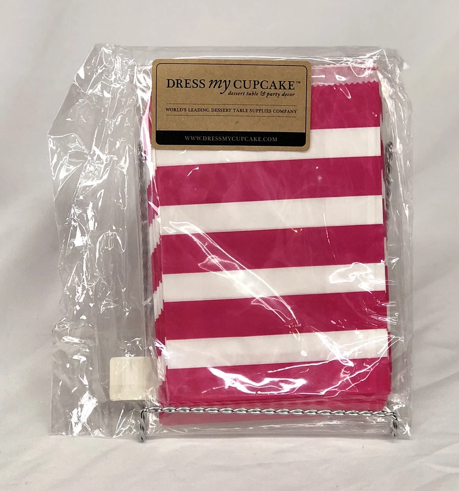 Dress My Cupcake 50 Party Favor Paper Goody Bags rosa chiclete listras largas novo - Imagem 1 de 4