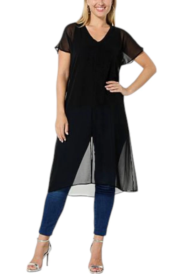 Túnica maxi feminina Colleen Lopez com camada inferior de malha preta - Imagem 1 de 1