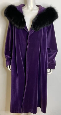 Vintage 50s Royal Purple Velvet & Black Fox Collar Long Coat M L XL LS - Image 1 of 4