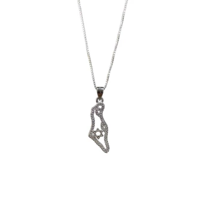 Ciondolo mappa di Israele in argento sterling con ciottoli scintillanti e catena - Immagine 1 di 3