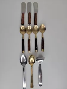 Flatware THAI Thailand Brass Teak Wood 4 Pieces Mini Spoons Cheese Knives Lot - Picture 1 of 13
