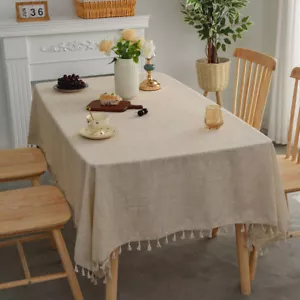 Vintage Cotton Linen Tablecloth Dining Table Cover with Tassel Farmhouse Decor - Picture 1 of 10