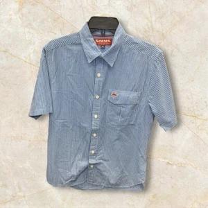 Camisa Simms Para Hombre Pequeña Azul A Cuadros Manga Corta Abotonada Logo Bolsillo Pesca - Imagen 1 de 4