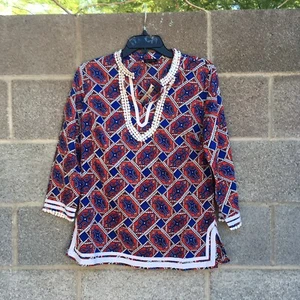 NWT Talbots Popover Top Red White Blue Geo Paisley Embroidered 3/4 Sleeve Small - Picture 1 of 5