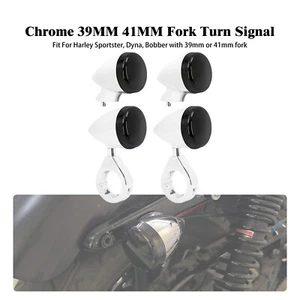 4x Chrome Front Rear LED Turn Signal Light 39 41mm Fork w/ Black Lens For Harley - Picture 1 of 16