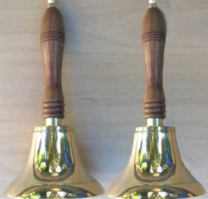 Solid Brass Hand Bell Set of 2, Wood Handle - Brass Clappers -Great Pitch - Picture 1 of 5