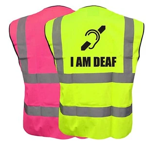 I AM DEAF CYCLIST YELLOW PINK HI VIZ VIS WAISTCOAT VEST SAFETY BIKE CYCLE RIDER - Picture 1 of 4