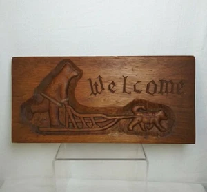 Hand Carved Wooden Welcome Sign Dog Sled Race Primitive 7x14 - Picture 1 of 18