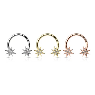 Horseshoe Septum Rings Surgical Steel with Crystal Paved Starburst End Sold Each - Image 1 of 4