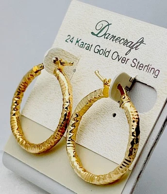 DaneCraft 24KT Gold Over 925 Sterling Hammered D/Cut Hoop Pierced Earrings - Image 1 of 4