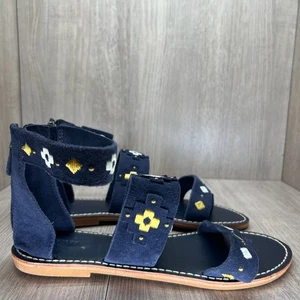 Soludos Embroidered Three Banded Flat Sandals Womens 8 Ankle Zip Suede Navy Blue - Picture 1 of 10