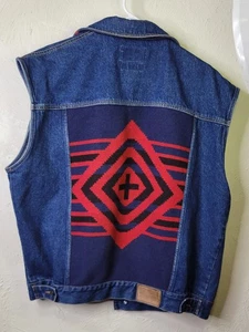 Pendleton Men’s Tribal Native Navajo Aztec Denim Vest Wool Blanket Back Size XL - Picture 1 of 8