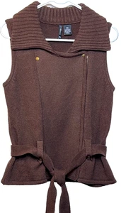 New Directions Brown Collared Sweater Vest Women Belted faux Sherpa Lined Pet M - Picture 1 of 13