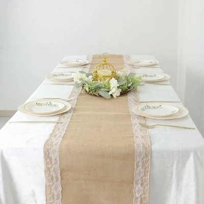 14" x 104" White Natural Burlap Lace Trim Table Runner Party Events Decorations - Image 1 of 4