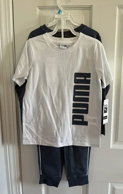 Conjunto de 3 piezas Puma para niños talla 5 azul raglán gris camisa pantalones logotipo conjunto nuevo con etiquetas Foto 1 de 4