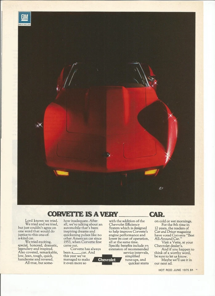 1975 Chevrolet Corvette vintage print ad:  "Corvette is a very ______ car." - Image 1 of 1