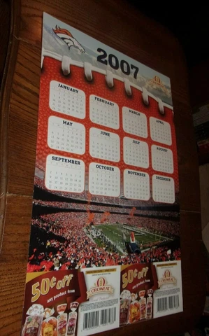 Denver Broncos 2007 POSTER CALENDAR 11"x17" ex+ / nrmt  oroweat ADS ATTACHED Cover