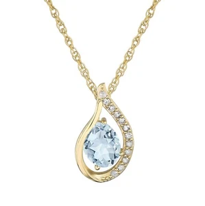 10k Yellow Gold Genuine Oval Aquamarine and Diamond Halo Drop Pendant Necklace - Picture 1 of 5