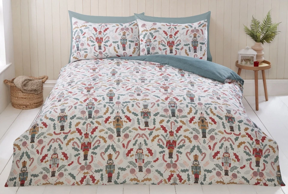RAPPORT Christmas Nutcracker Duvet Cover Reversible Bedding Set White & Teal