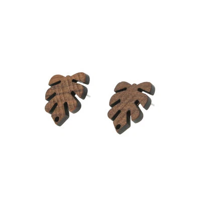 Brincos de madeira de aço inoxidável - Parafusos de folhas tropicais -20mm -2 peças 1 par - ER123 - Imagem 1 de 3