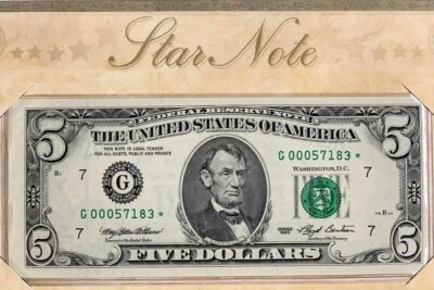 Billetes estrella de 5 dólares de la Reserva Federal 1993 con titulares originales BEP 2 billetes consecutivos Foto 1 de 3