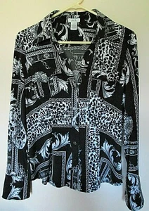 CACHE Snaps Blouse Medium Black Grey Silver Leopard Greek Print Long Sleeve Top - Picture 1 of 6