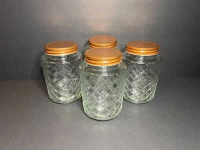 Набор из 4 стеклянных банок с решетчатым узором 18 унций с медными цветными металлическими крышками 5,25 дюйма - Изображение 1 из 4