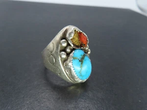 Anillo de plata de ley y turquesa/coral como está de colección, firmado, talla 11,5, 20,1 g - Imagen 1 de 7