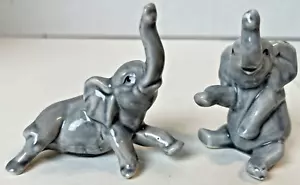 Elephant Figurine Porcelain Small Miniature Gray Zoo Wildlife Decor Set of 2 - Picture 1 of 8
