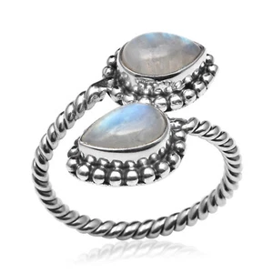 Anello bypass avvolgente aperto argento sterling 925 pietra di luna arcobaleno a goccia da donna - Foto 1 di 6