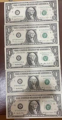 Fancy Serial Number Lot 5 $1 Years 1981/1988/1993/1995/1999 One Dollar Note UNC - Image 1 of 4