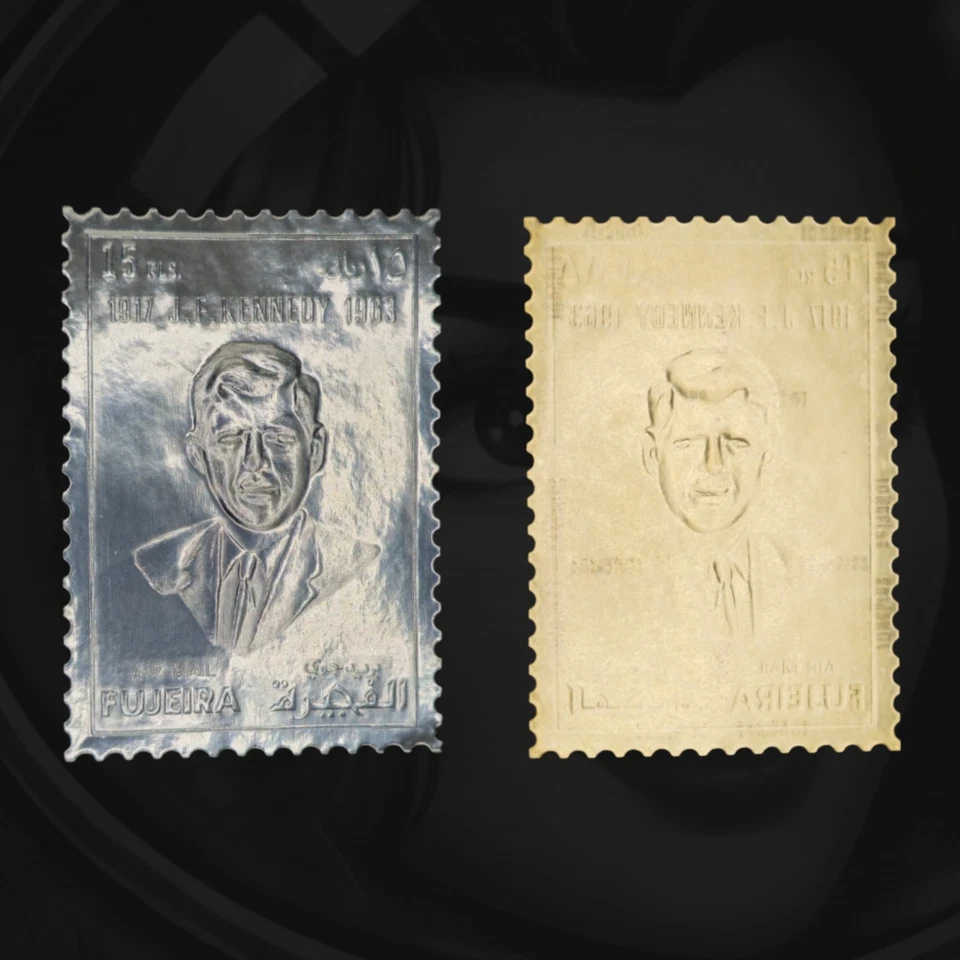 🇦🇪 Fujeira 1963 John F. Kennedy 15 riales sello de lámina de plata - recuerdos de JFK Foto 1 de 3