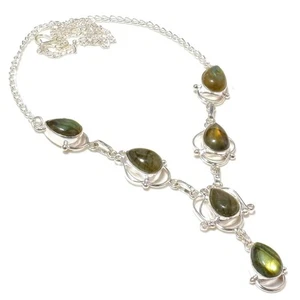 Natural Labradorite Gemstone 925 Sterling Silver Jewelry Necklace Size 18" - Picture 1 of 1