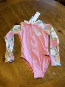 Roxy Little Girls 5 1 Pc Pink Blue Flowers Long Sleeve Rash Guard Swimsuit New - Picture 1 of 2