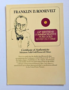 Miniature Solid 24k Gold Roosevelt Dime 100th Birthday Commemorative F.D.R - Picture 1 of 4