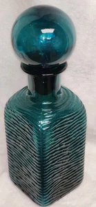 Vintage MCM Teal Square Bottle Decanter Empoli Ribbed Spherical Glass Stopper - Picture 1 of 14