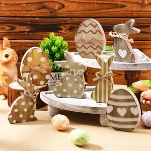 Easter Decorations Indoor Tabletop Bunny Eggs Wooden Table Signs with Bows 7 Pcs - Picture 1 of 12