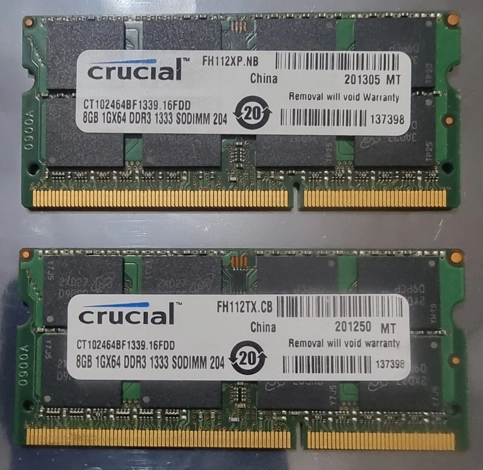 Crucial 16GB 2X8GB DDR3 2RX8 1333MHz PC3-10600S 204pin Laptop Memory RAM Apple - Image 1 of 1