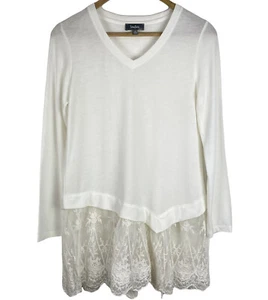 Neiman Marcus Knit Sweater Cream Lace Detail Size S V Neck Long Sleeves - Picture 1 of 7