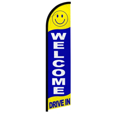 Welcome Drive In Windless Advertising Swooper Flag Open Welcome Sign Smiley Face - Image 1 of 2