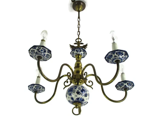 Dutch Delft Blue White Porcelain Ornate Brass 5 Lights Arm Farmhouse Chandelier Cover