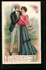 Liebespaar in eleganter Kleidung beim Spaziergang, Ansichtskarte 1908 