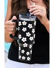 Black Floret Print Stainless Tumbler With Lid And Straw  -  Glasses And