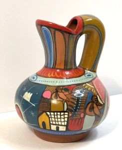 Vintage Mexican Red Clay Pitcher Ewer Vase Hand Crafted Painted Pottery Folk Art - Picture 1 of 6