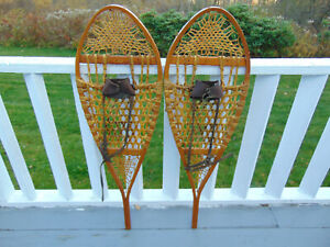 Vintage Attractive Wooden Snow Shoes FABER Made in Canada Nice Patina 42" x 14"