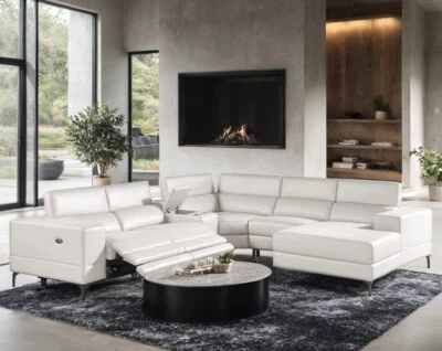 NEW Pearl White 136" Modern Power 2-Recliners Sectional & Chaise Living Room Set - Image 1 of 4